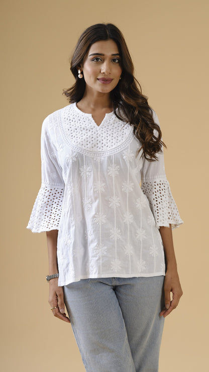 White Short Cotton Top with Cut-work