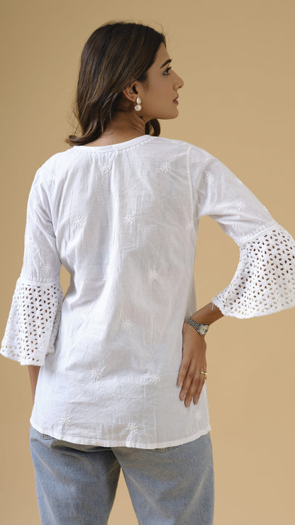 White Short Cotton Top with Cut-work