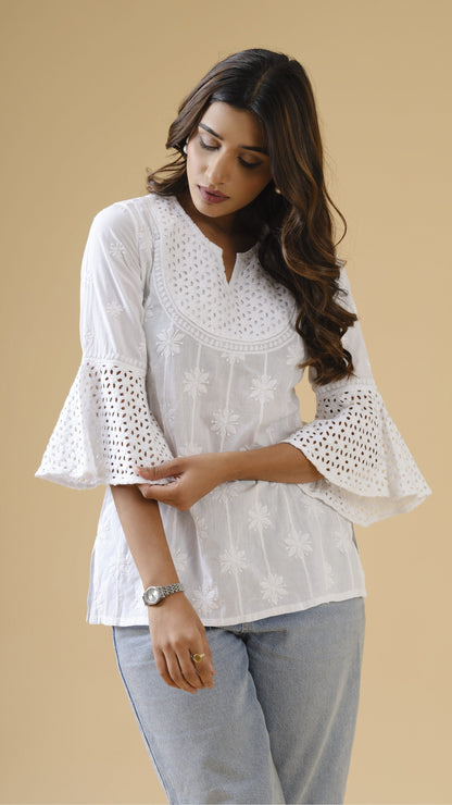 White Short Cotton Top with Cut-work